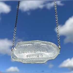 Sea glass necklace liquor bottle emblem 3.5” 1.75”  handmade Frosted White 28”